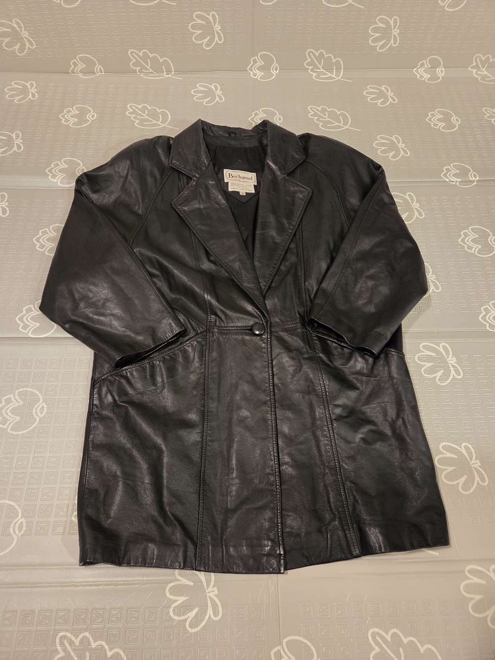 Vintage Bechamel Womens Black Leather Single-Button Long Jacket Size Large